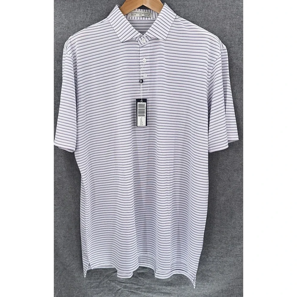 New Holderness & Bourne 2XL XXL Saxton‎ Pink Blue Striped Golf Polo Tailored Fit